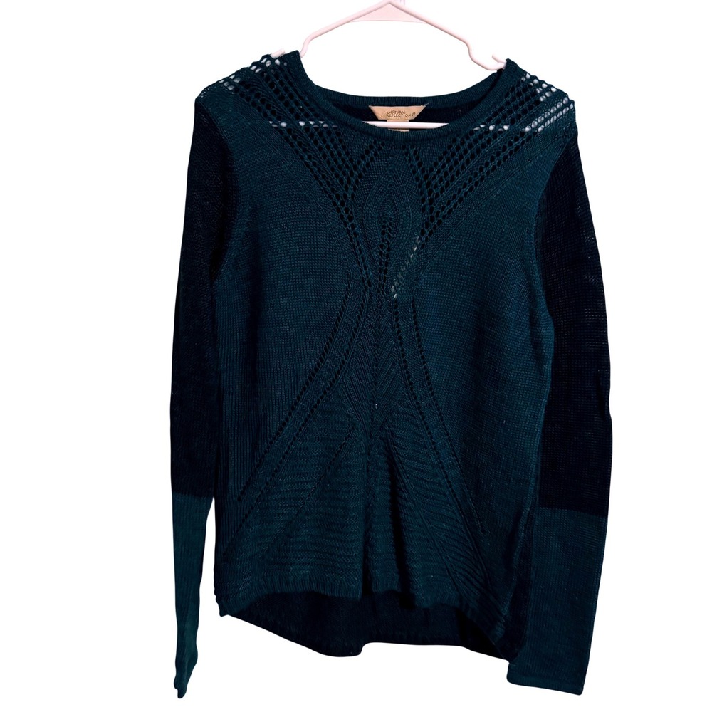 Natural Reflections Womens Teal Black Colorblock Pointelle Knit Sweater Medium